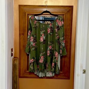 Olive green with floral print, three quarter length sleeves